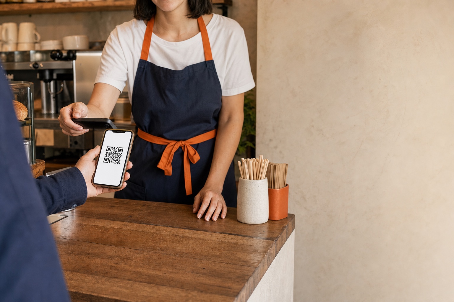 A customer presents a reward QR code to a shop employee at the counter.